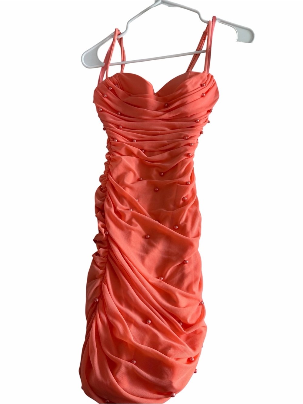 Windsor Coral Ruched Pearl-Accent Mini Dress